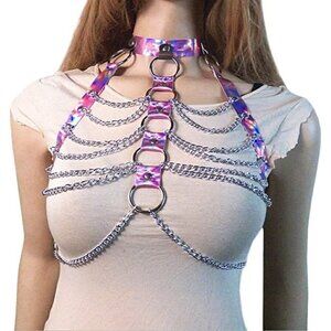 PINK hologram body chest harness cage bra choker chain costume pasties festival